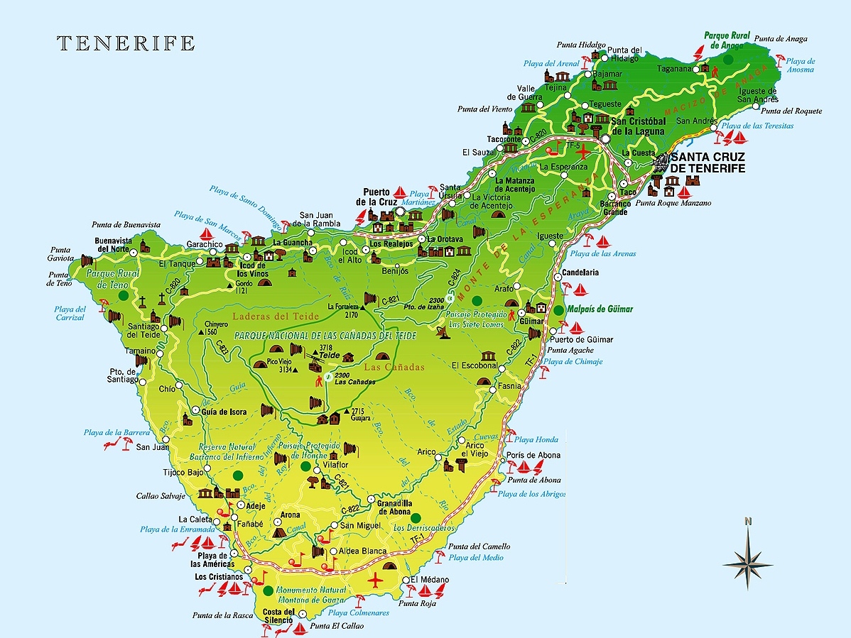 Карта острова Тенерифе с достопримечательностями